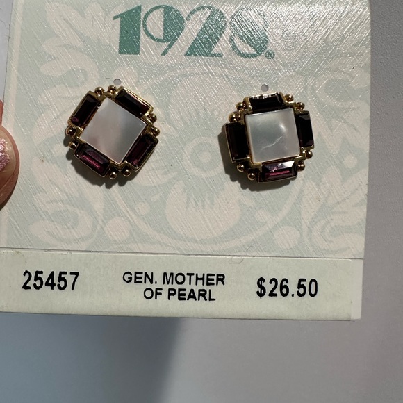 1928 Jewelry - 1928 Jewelry Vintage Purple Rhinestone with Mother Pearl Victorian Earrings